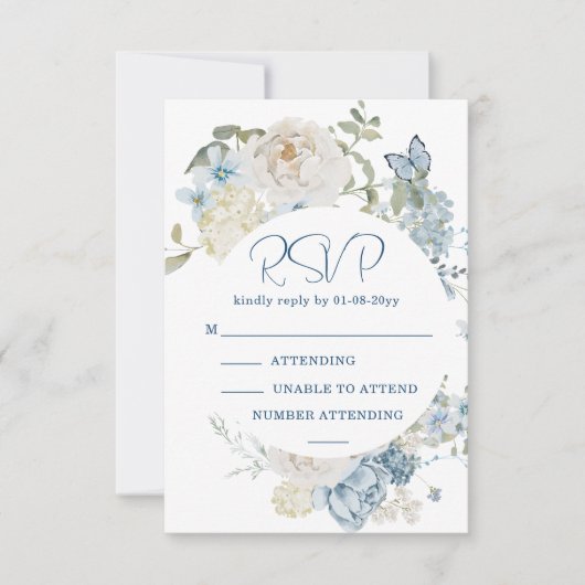 Romantisch Dusty Blue Waterverf Bloemen Huwelijk R RSVP Kaartje (Voorkant)