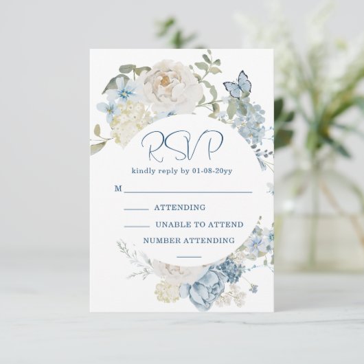 Romantisch Dusty Blue Waterverf Bloemen Huwelijk R RSVP Kaartje (Staand voorkant)