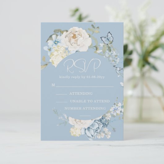 Romantisch Dusty Blue Waterverf Bloemen Huwelijk R RSVP Kaartje (Staand voorkant)