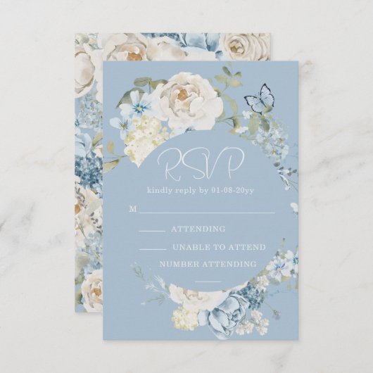 Romantisch Dusty Blue Waterverf Bloemen Huwelijk R RSVP Kaartje (Voorkant / Achterkant)