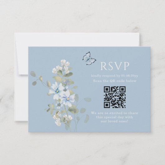 Romantisch Dusty Blue Waterverf Bloemen Huwelijk R RSVP Kaartje (Voorkant)