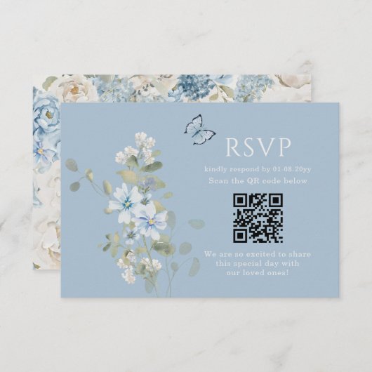 Romantisch Dusty Blue Waterverf Bloemen Huwelijk R RSVP Kaartje (Voorkant / Achterkant)