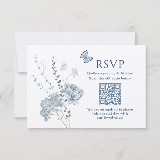 Romantisch Dusty Blue Waterverf Bloemen Huwelijk R RSVP Kaartje (Voorkant)