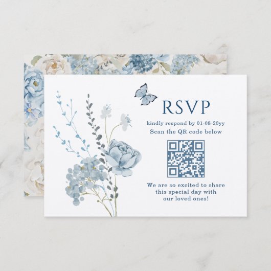 Romantisch Dusty Blue Waterverf Bloemen Huwelijk R RSVP Kaartje (Voorkant / Achterkant)