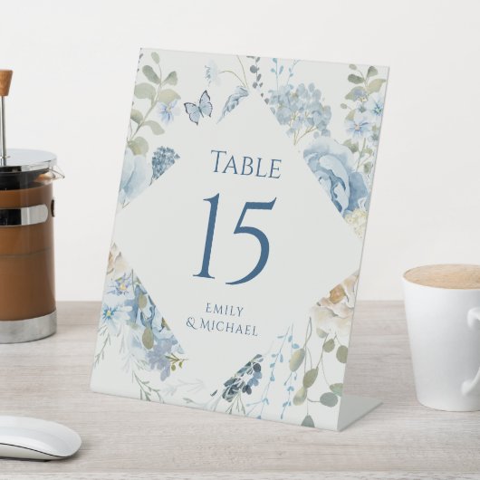 Romantisch Dusty Blue Waterverf Bloemen Huwelijk Reclamebord Met Voetstuk (Insitu)