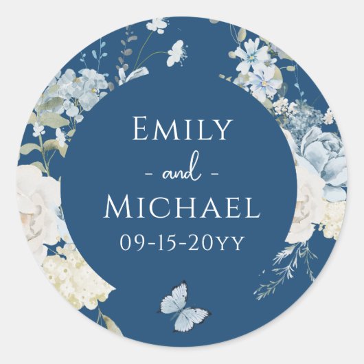 Romantisch Dusty Blue Waterverf Bloemen Huwelijk Ronde Sticker (Voorkant)