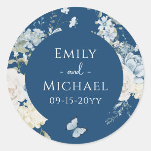 Romantisch Dusty Blue Waterverf Bloemen Huwelijk Ronde Sticker