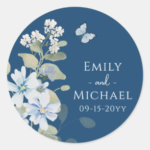 Romantisch Dusty Blue Waterverf Bloemen Huwelijk Ronde Sticker