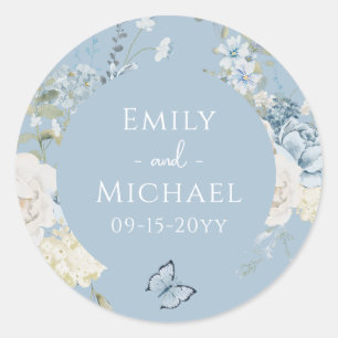 Romantisch Dusty Blue Waterverf Bloemen Huwelijk Ronde Sticker