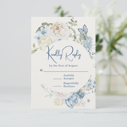 Romantisch Dusty Blue Waterverf Bloemen Huwelijk RSVP Kaartje (Staand voorkant)