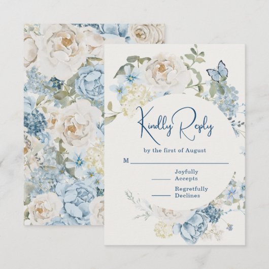 Romantisch Dusty Blue Waterverf Bloemen Huwelijk RSVP Kaartje (Voorkant / Achterkant)