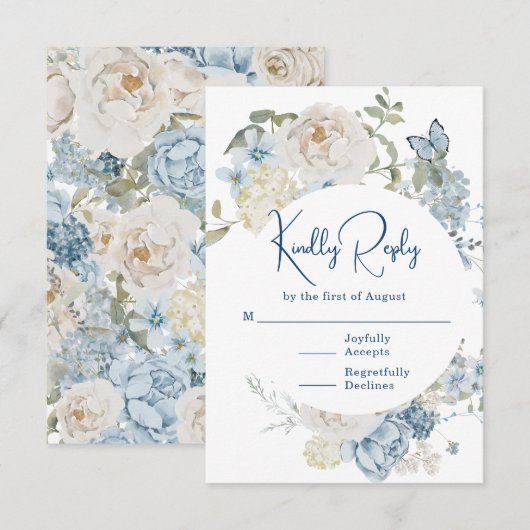 Romantisch Dusty Blue Waterverf Bloemen Huwelijk RSVP Kaartje (Voorkant / Achterkant)