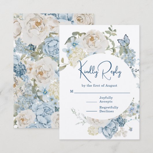 Romantisch Dusty Blue Waterverf Bloemen Huwelijk RSVP Kaartje (Voorkant / Achterkant)