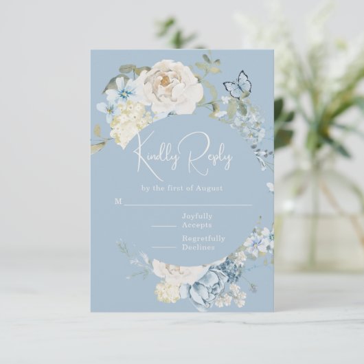 Romantisch Dusty Blue Waterverf Bloemen Huwelijk RSVP Kaartje (Staand voorkant)