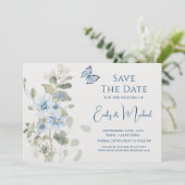 Romantisch Dusty Blue Waterverf Bloemen Huwelijk Save The Date (Staand voorkant)