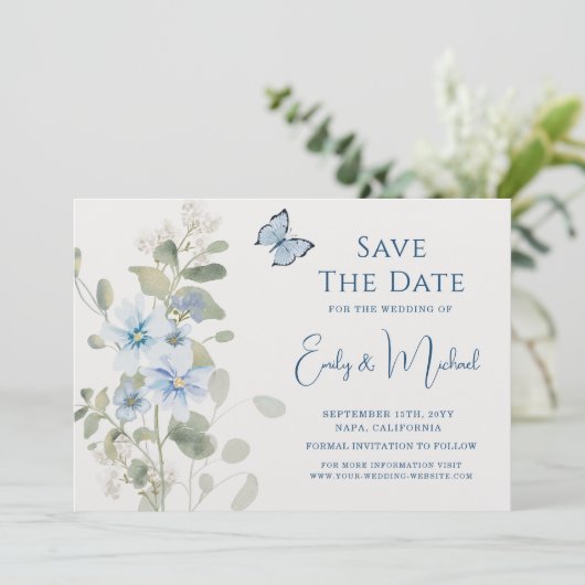 Romantisch Dusty Blue Waterverf Bloemen Huwelijk Save The Date (Staand voorkant)