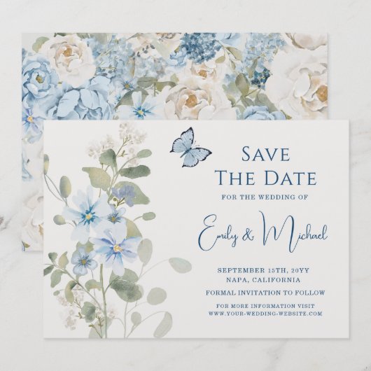 Romantisch Dusty Blue Waterverf Bloemen Huwelijk Save The Date (Voorkant / Achterkant)