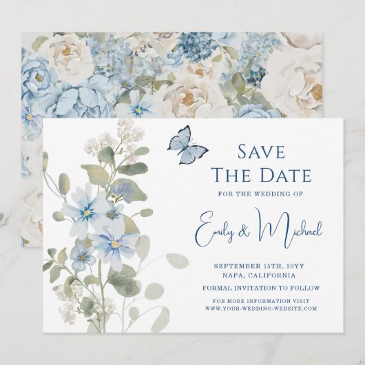 Romantisch Dusty Blue Waterverf Bloemen Huwelijk Save The Date (Voorkant / Achterkant)