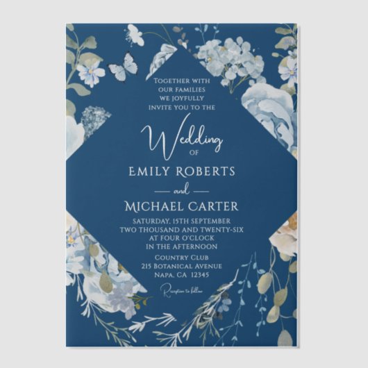 Romantisch Dusty Blue Waterverf Bloemen Huwelijk Vellum Uitnodigingen (Voorkant)