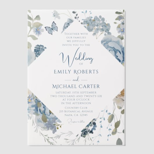 Romantisch Dusty Blue Waterverf Bloemen Huwelijk Vellum Uitnodigingen (Voorkant)