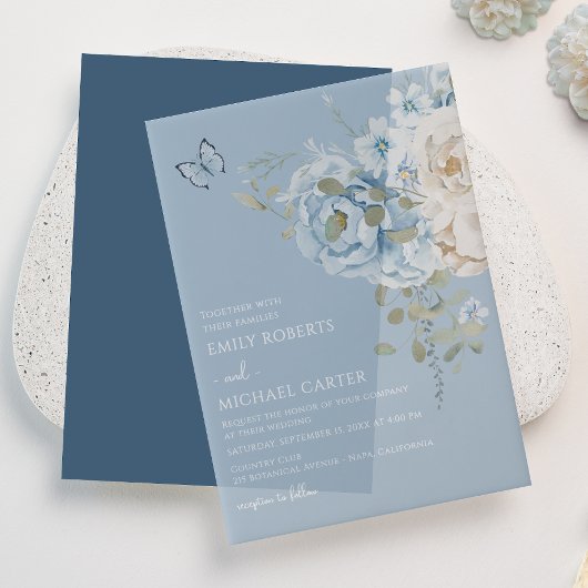 Romantisch Dusty Blue Waterverf Bloemen Huwelijk Vellum Uitnodigingen