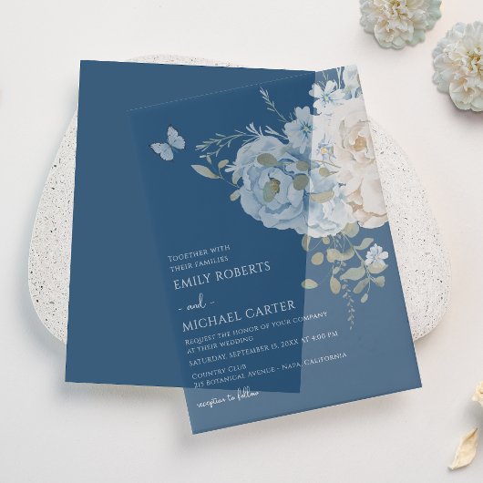 Romantisch Dusty Blue Waterverf Bloemen Huwelijk Vellum Uitnodigingen