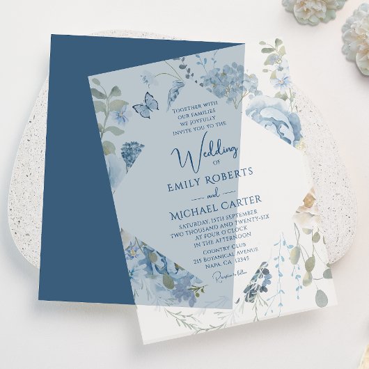 Romantisch Dusty Blue Waterverf Bloemen Huwelijk Vellum Uitnodigingen