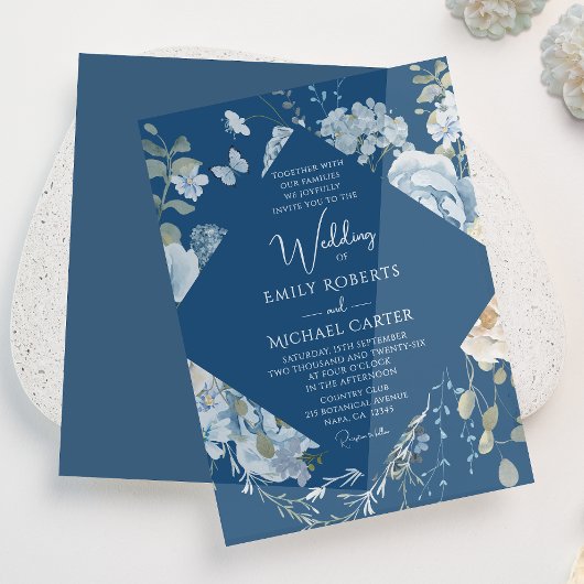 Romantisch Dusty Blue Waterverf Bloemen Huwelijk Vellum Uitnodigingen
