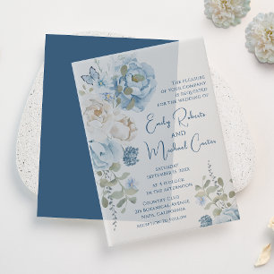 Romantisch Dusty Blue Waterverf Bloemen Huwelijk Vellum Uitnodigingen
