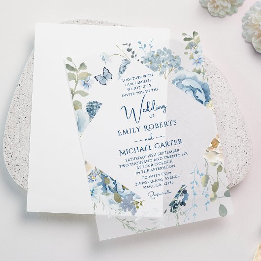 Romantisch Dusty Blue Waterverf Bloemen Huwelijk Vellum Uitnodigingen