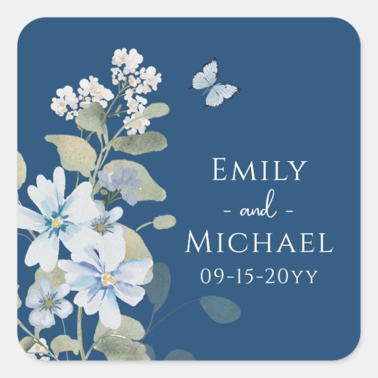 Romantisch Dusty Blue Waterverf Bloemen Huwelijk Vierkante Sticker (Voorkant)