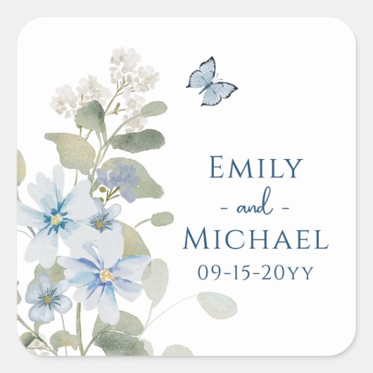 Romantisch Dusty Blue Waterverf Bloemen Huwelijk Vierkante Sticker (Voorkant)