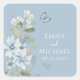Romantisch Dusty Blue Waterverf Bloemen Huwelijk Vierkante Sticker