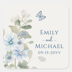 Romantisch Dusty Blue Waterverf Bloemen Huwelijk Vierkante Sticker