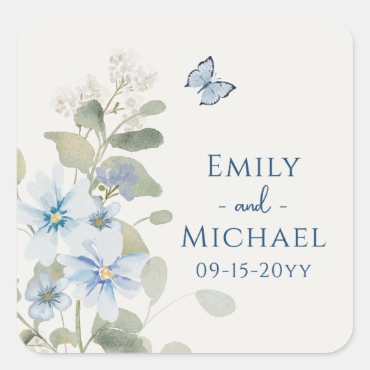 Romantisch Dusty Blue Waterverf Bloemen Huwelijk Vierkante Sticker (Voorkant)