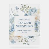 Romantisch Dusty Blue Welkom Bloemen Huwelijk Acryl Bord (Voorkant)