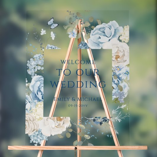 Romantisch Dusty Blue Welkom Bloemen Huwelijk Acryl Bord (Neutraal)