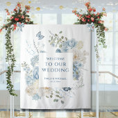 Romantisch Dusty Blue Welkom Bloemen Huwelijk Wandkleed