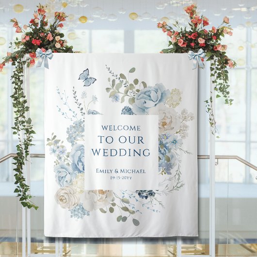 Romantisch Dusty Blue Welkom Bloemen Huwelijk Wandkleed