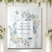 Romantisch Dusty Blue Welkom Bloemen Huwelijk Wandkleed