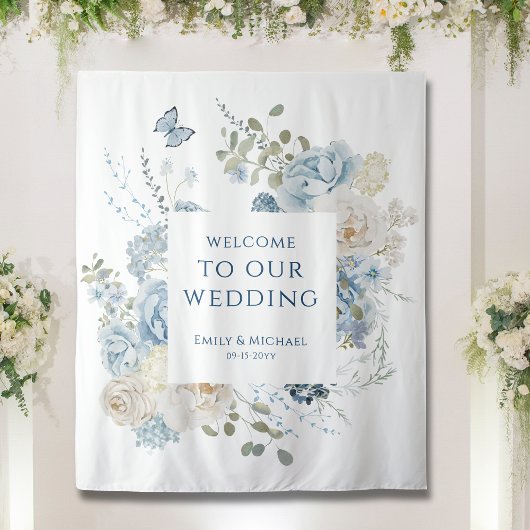 Romantisch Dusty Blue Welkom Bloemen Huwelijk Wandkleed