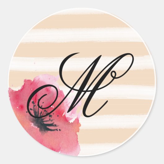Romantisch Eenvoudige Strepen Floral Monogram Scri Ronde Sticker (Voorkant)
