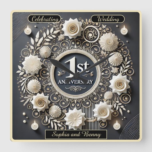 Romantisch eerste Jubileum krans ontwerp Vierkante Klok (Voorkant)