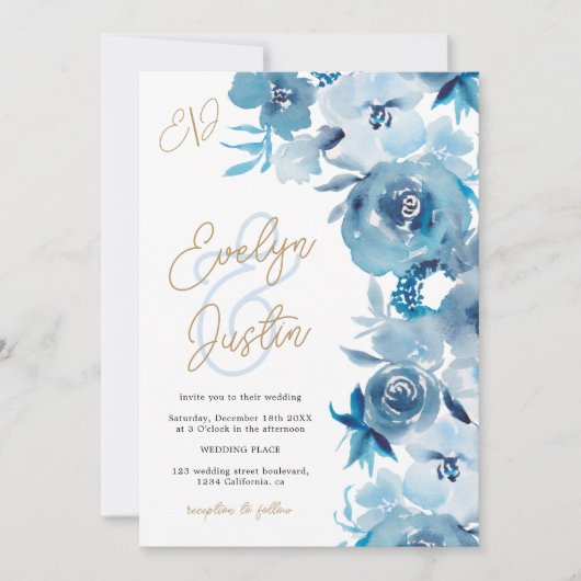 Romantisch Elegant blauw Bloemen Waterverf bruilof Kaart (Voorkant)