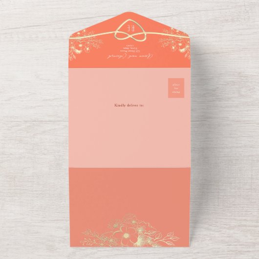 Romantisch Elegant Bloemig Perzik All In One Uitnodiging (Buitenkant)