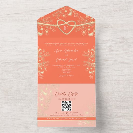 Romantisch Elegant Bloemig Perzik All In One Uitnodiging (Binnen)