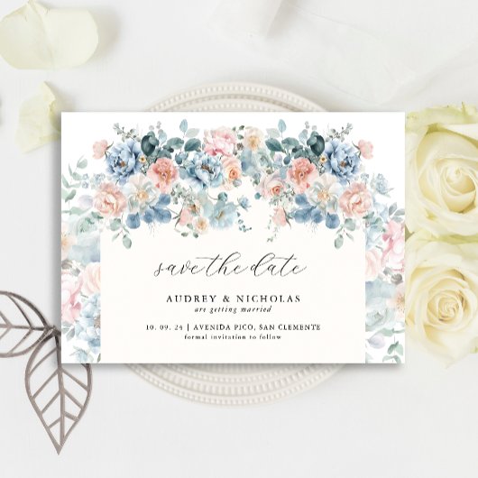 Romantisch Elegant Dusty Blue Peach Bloemen Huweli Save The Date