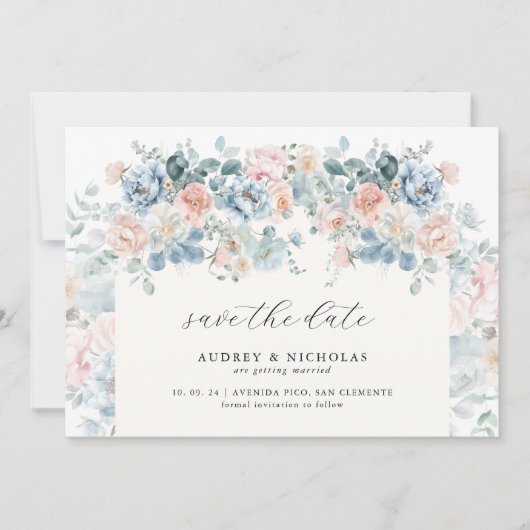 Romantisch Elegant Dusty Blue Peach Bloemen Huweli Save The Date (Voorkant)