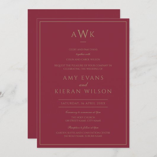 Romantisch Elegant Goud Bourgondië Monogram Huweli Kaart (Voorkant / Achterkant)