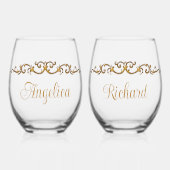 Romantisch, elegant, grillig goud gepersonaliseerd wijnglas zonder voet (Voorkant)